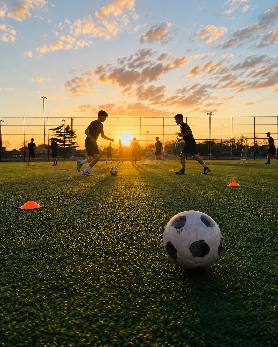 Jóvenes futbolistas entrenando al atardecer en cancha de pasto sintético